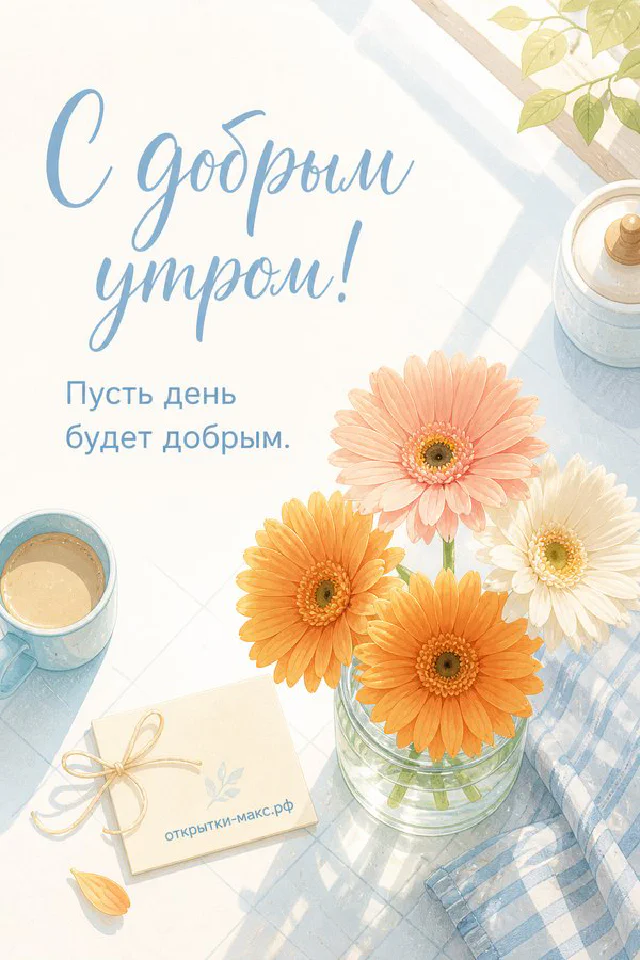 Песочное печенье на голубой тарелке в окружении белых и голубых цветов, надпись «С добрым утром!» — вариант 8