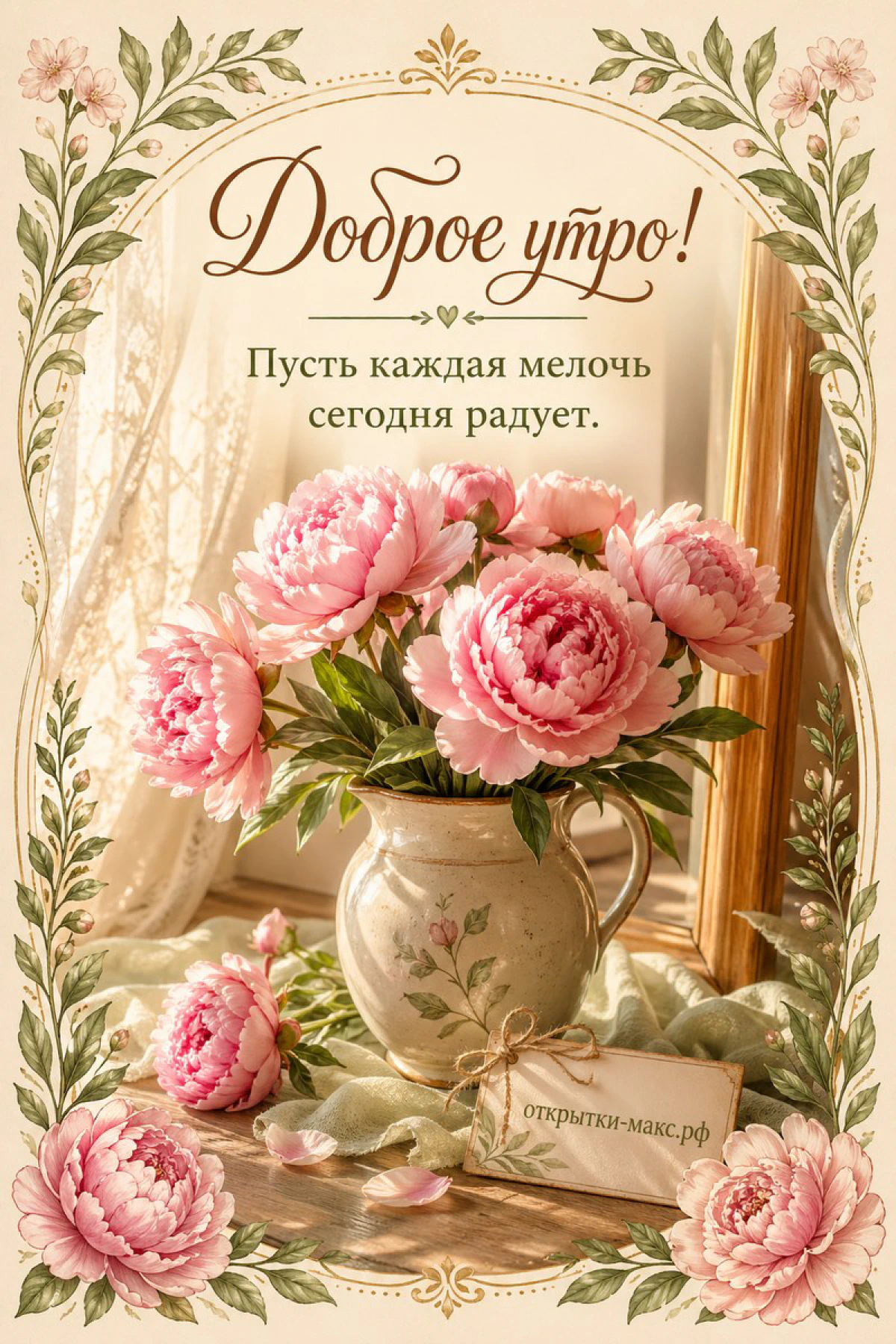 Винтажная открытка «Доброе утро» с букетом розовых пионов в белой фарфоровой вазе и резной рамкой с цветочным орнаментом