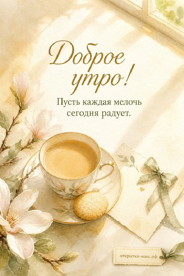 Винтажная открытка «Доброе утро» с букетом розовых пионов в белой фарфоровой вазе и резной рамкой с цветочным орнаментом — вариант 2