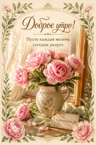 Винтажная открытка «Доброе утро» с букетом розовых пионов в белой фарфоровой вазе и резной рамкой с цветочным орнаментом