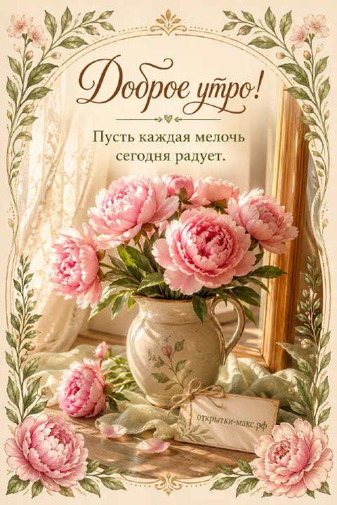 Винтажная открытка «Доброе утро» с букетом розовых пионов в белой фарфоровой вазе и резной рамкой с цветочным орнаментом