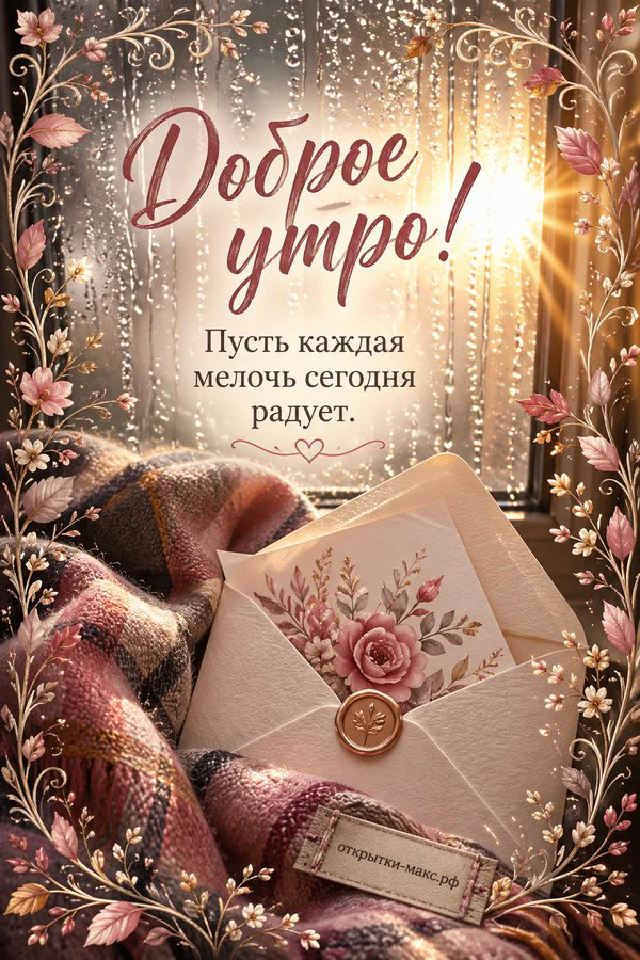 Винтажная открытка «Доброе утро» с букетом розовых пионов в белой фарфоровой вазе и резной рамкой с цветочным орнаментом — вариант 4