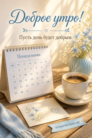 Настольный календарь с надписью «Понедельник», чашка кофе и букет голубых цветов в вазе, надпись «Доброе утро»