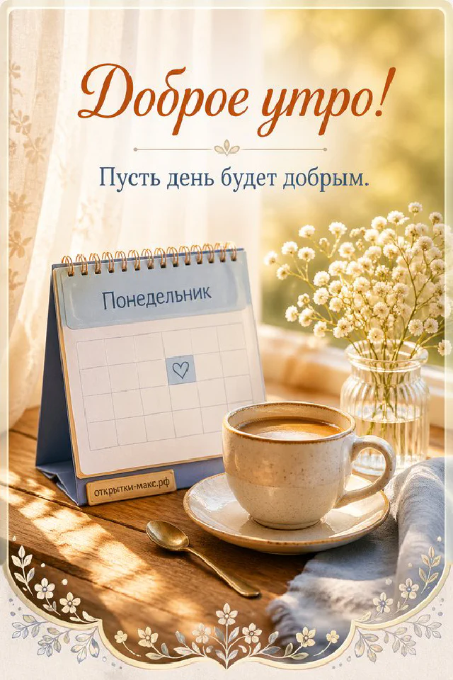 Настольный календарь с надписью «Понедельник», чашка кофе и букет голубых цветов в вазе, надпись «Доброе утро» — вариант 2