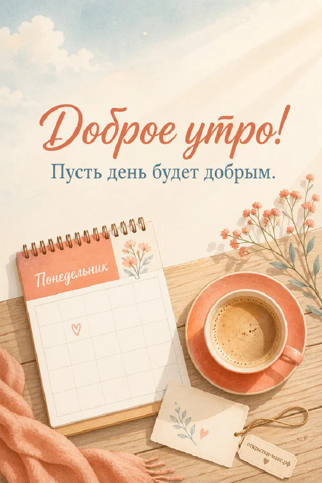 Настольный календарь с надписью «Понедельник», чашка кофе и букет голубых цветов в вазе, надпись «Доброе утро» — вариант 4