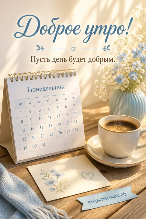 Настольный календарь с надписью «Понедельник», чашка кофе и букет голубых цветов в вазе, надпись «Доброе утро»