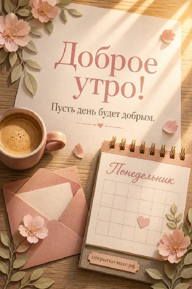 Настольный календарь с надписью «Понедельник», чашка кофе и букет голубых цветов в вазе, надпись «Доброе утро» — вариант 3