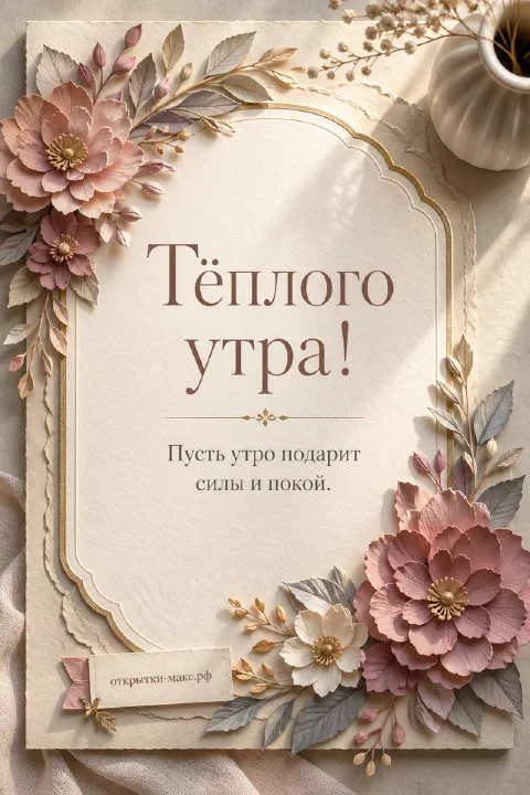 Открытка с объёмными бумажными цветами пудрово-розового цвета по углам декоративной рамки на бежевом фоне