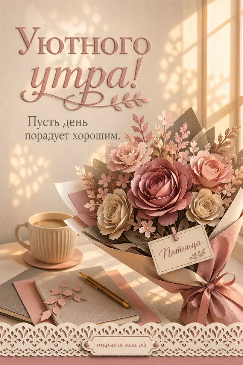 Букет пудрово-розовых роз в крафтовой упаковке, чашка кофе и блокнот с ручкой на светлом столе у окна, бумажная бирка с надписью «Пятница»