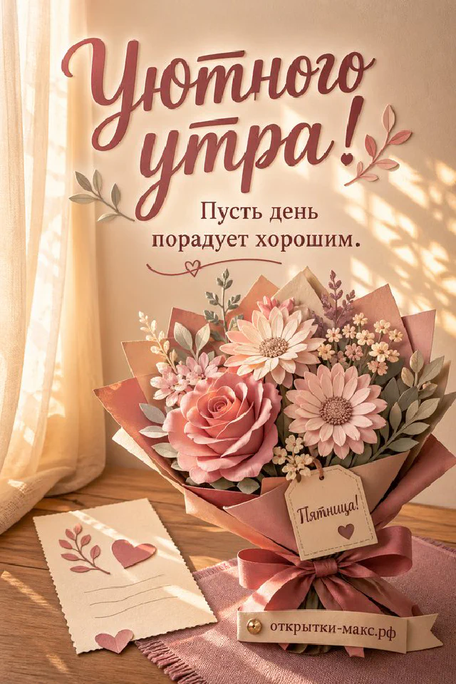 Букет пудрово-розовых роз в крафтовой упаковке, чашка кофе и блокнот с ручкой на светлом столе у окна, бумажная бирка с надписью «Пятница» — вариант 3