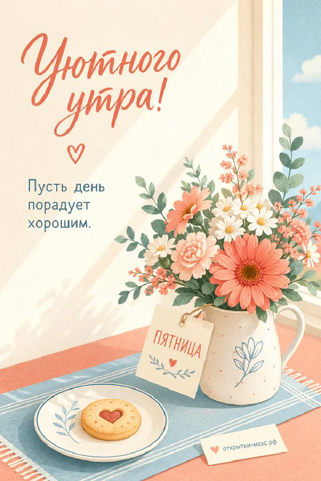 Букет пудрово-розовых роз в крафтовой упаковке, чашка кофе и блокнот с ручкой на светлом столе у окна, бумажная бирка с надписью «Пятница» — вариант 4