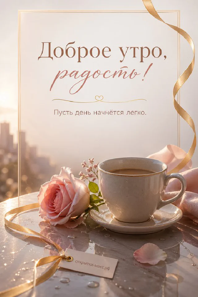 Стопка блинов с кремом и ягодами на летнем столе, надпись «Доброе утро, радость» — вариант 2