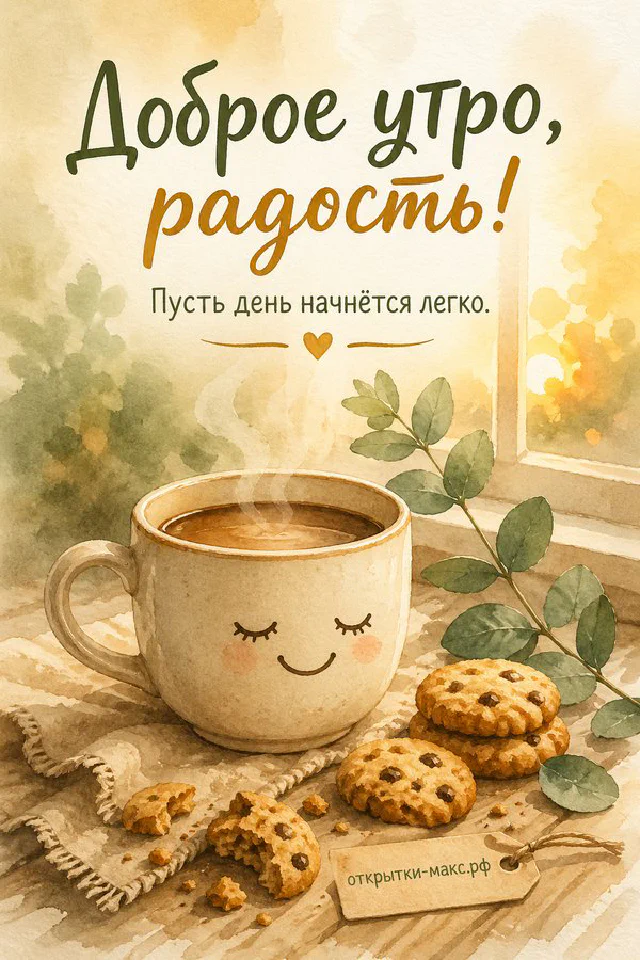 Стопка блинов с кремом и ягодами на летнем столе, надпись «Доброе утро, радость» — вариант 3