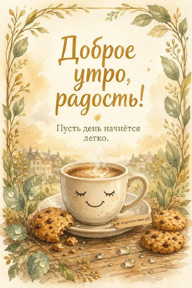 Стопка блинов с кремом и ягодами на летнем столе, надпись «Доброе утро, радость» — вариант 4