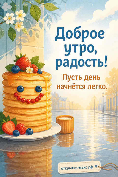 Стопка блинов с кремом и ягодами на летнем столе, надпись «Доброе утро, радость»