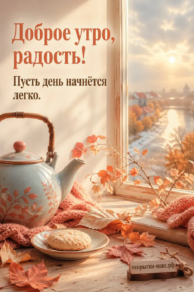 Стопка блинов с кремом и ягодами на летнем столе, надпись «Доброе утро, радость» — вариант 5