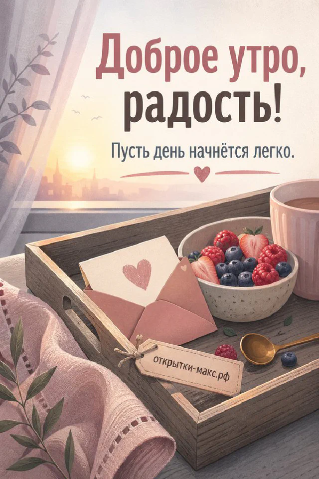 Стопка блинов с кремом и ягодами на летнем столе, надпись «Доброе утро, радость» — вариант 6