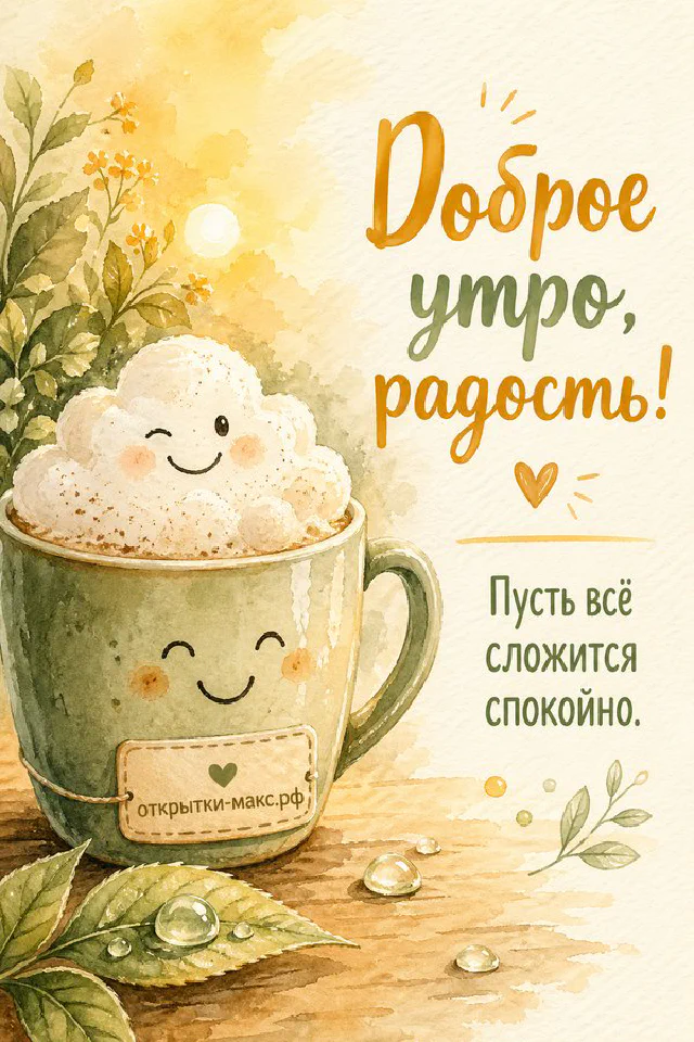 Букет ромашек, незабудок и белого пиона в стеклянной вазе, рядом бумажная бирка с надписью «Доброе утро, радость!» — вариант 4