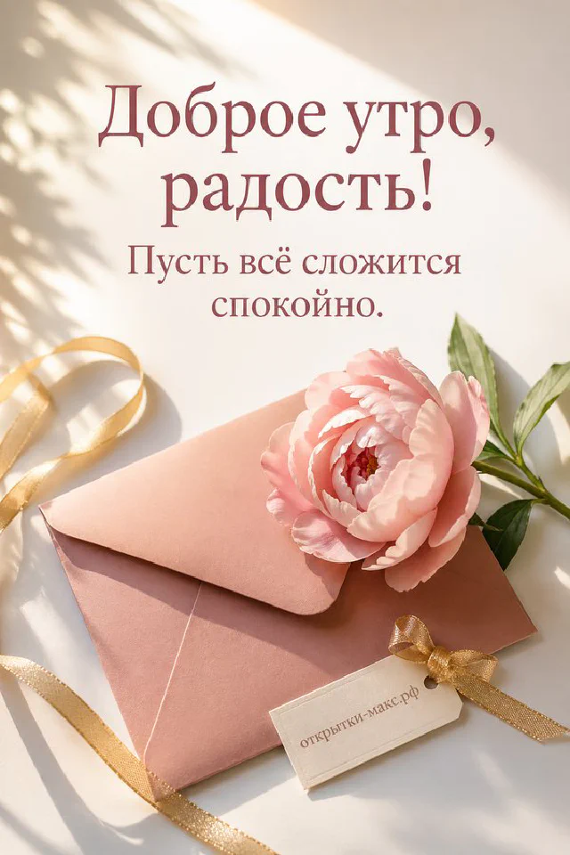 Букет ромашек, незабудок и белого пиона в стеклянной вазе, рядом бумажная бирка с надписью «Доброе утро, радость!» — вариант 2