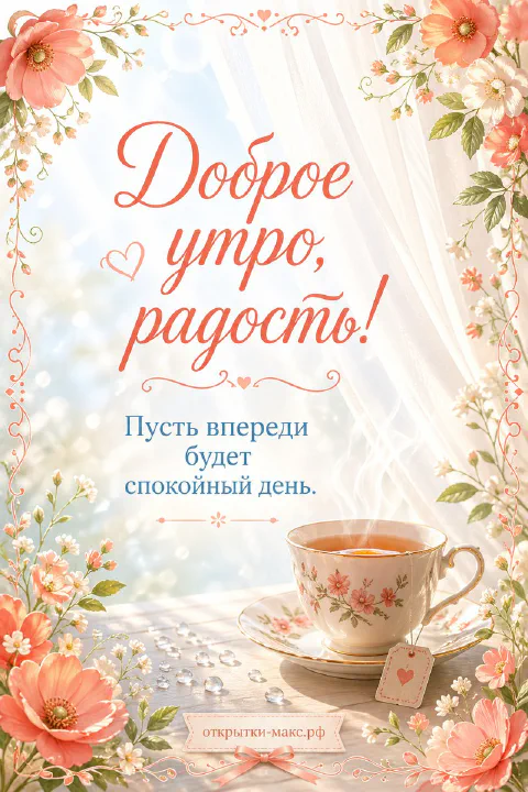 Фарфоровая чашка чая с паром в пышной рамке из персиковых и розовых цветов на светлом фоне