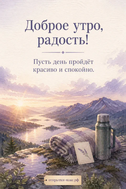Рассвет над горной рекой с термосом и сложенным пледом на скале, надпись «Доброе утро, радость!»