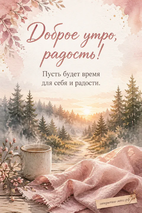 Кружка кофе и розовый плед на деревянных перилах на фоне хвойного леса с рассветным небом, акварельный стиль