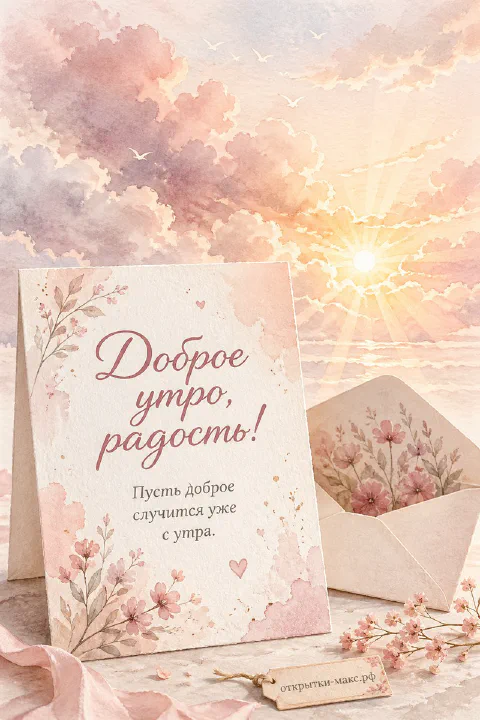 Открытка с цветами в конверте на фоне розово-золотого рассвета над морем с птицами в небе