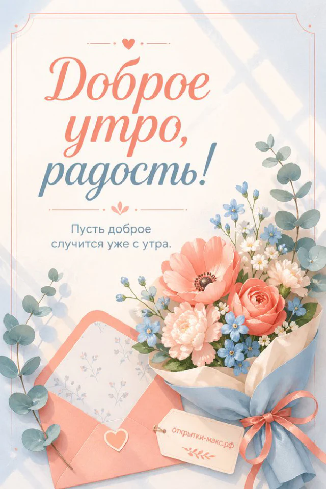 Открытка с цветами в конверте на фоне розово-золотого рассвета над морем с птицами в небе — вариант 2