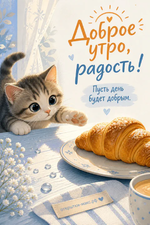 Серый котёнок тянется лапой к круассану на тарелке рядом с чашкой кофе и белыми цветами на голубом столе