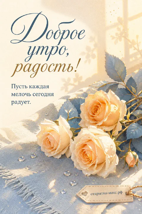 Три кремово-персиковые розы с каплями воды на голубом платке, каллиграфная надпись Доброе утро радость