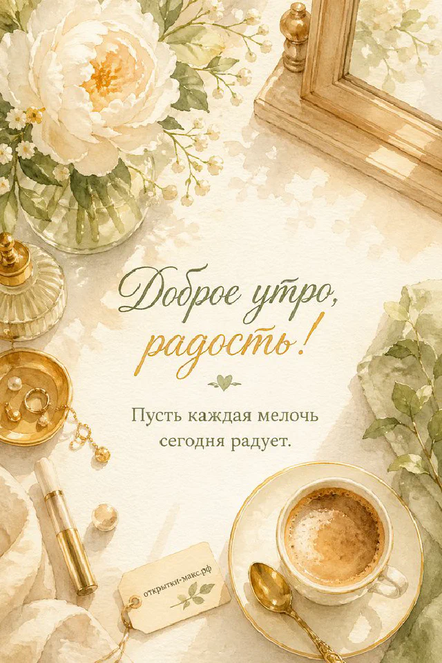 Три кремово-персиковые розы с каплями воды на голубом платке, каллиграфная надпись Доброе утро радость — вариант 2