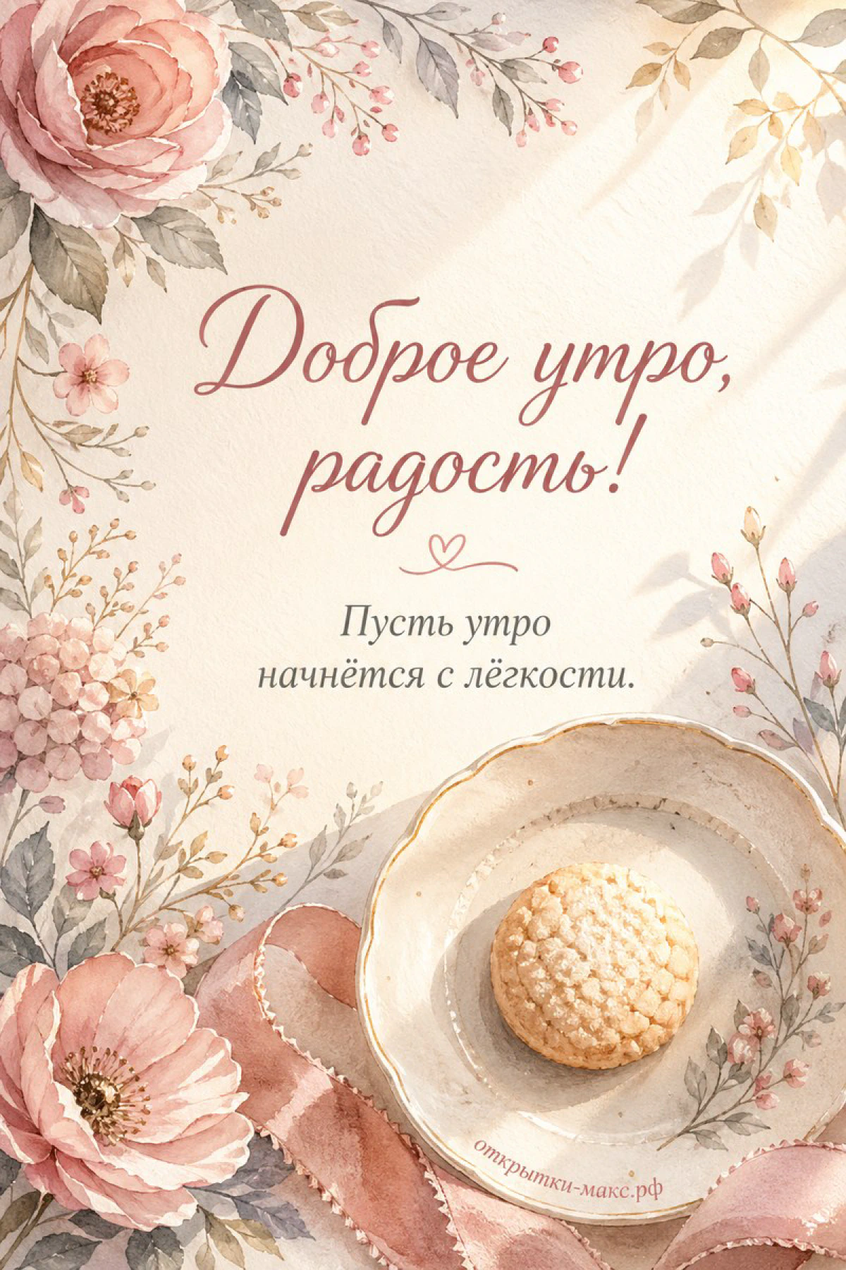 Акварельное печенье на тарелке с розовыми розами, надпись «Доброе утро, радость!»