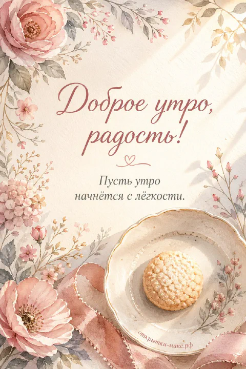 Акварельное печенье на тарелке с розовыми розами, надпись «Доброе утро, радость!»