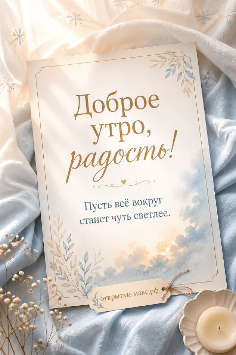 Льняная открытка с текстом «Доброе утро, радость!» на голубой мягкой ткани рядом со свечой и сухими цветами