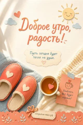 Розовые тапочки с сердечком, чашка чая и улыбчивое мультяшное солнышко на постельном белье