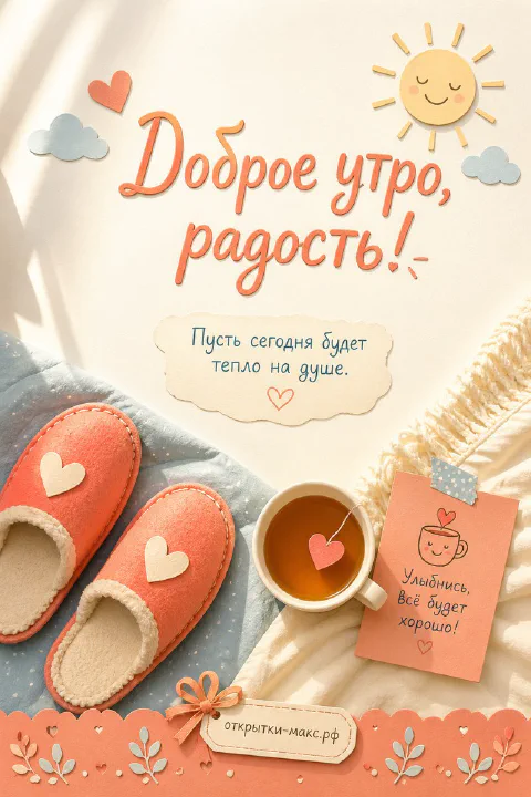 Розовые тапочки с сердечком, чашка чая и улыбчивое мультяшное солнышко на постельном белье