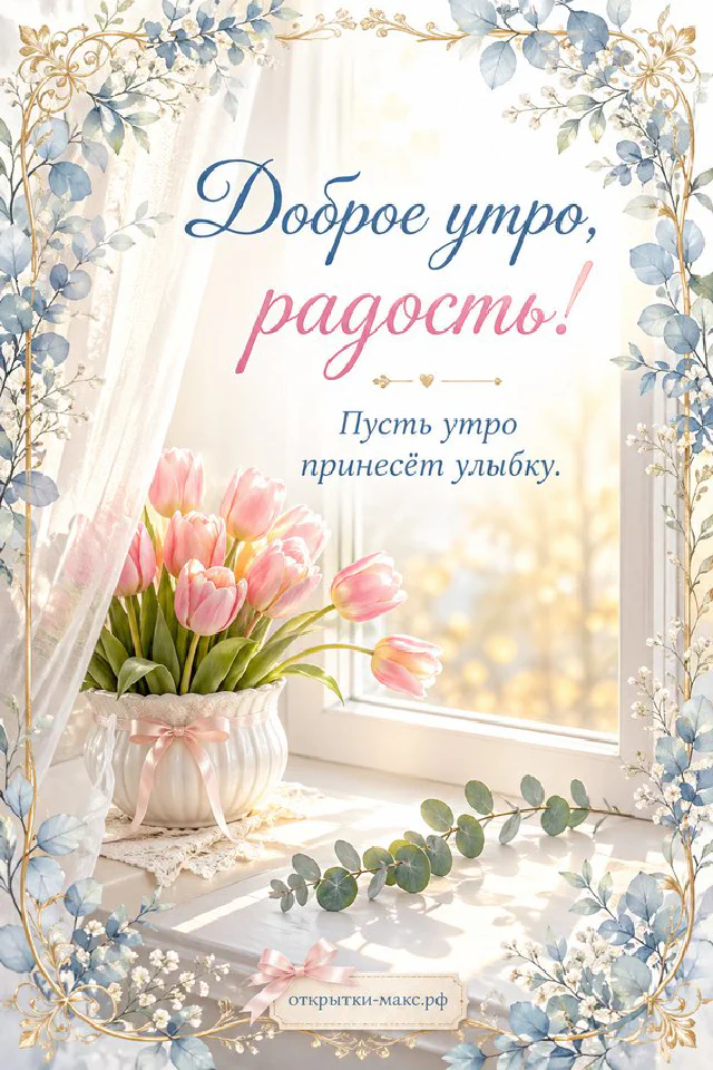 Тыква и чашка кофе на тёплом пледе, рядом ваза с осенними ветками, надпись «Доброе утро, радость!» — вариант 2