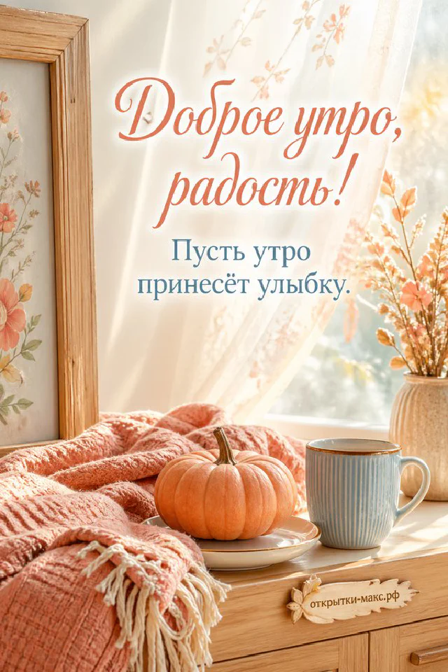 Тыква и чашка кофе на тёплом пледе, рядом ваза с осенними ветками, надпись «Доброе утро, радость!» — вариант 3