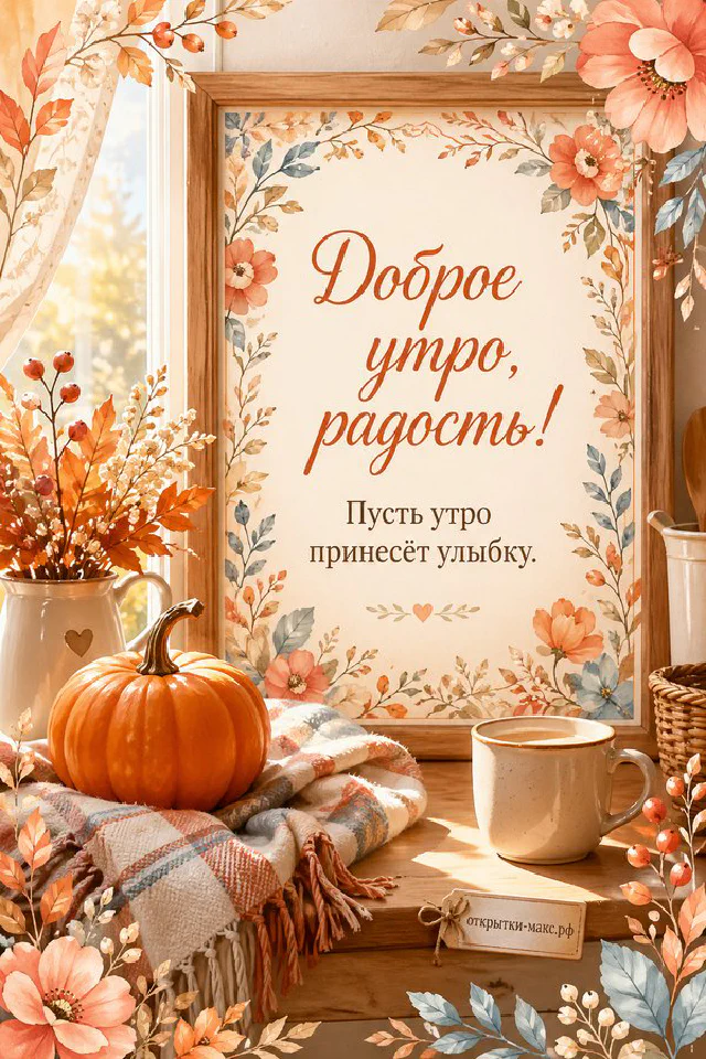 Тыква и чашка кофе на тёплом пледе, рядом ваза с осенними ветками, надпись «Доброе утро, радость!» — вариант 5