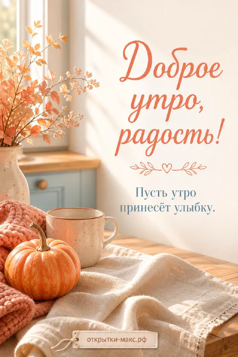 Тыква и чашка кофе на тёплом пледе, рядом ваза с осенними ветками, надпись «Доброе утро, радость!»