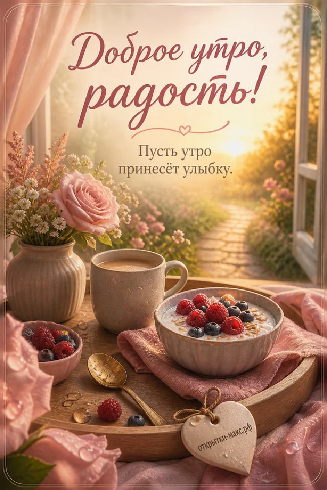 Тыква и чашка кофе на тёплом пледе, рядом ваза с осенними ветками, надпись «Доброе утро, радость!» — вариант 4