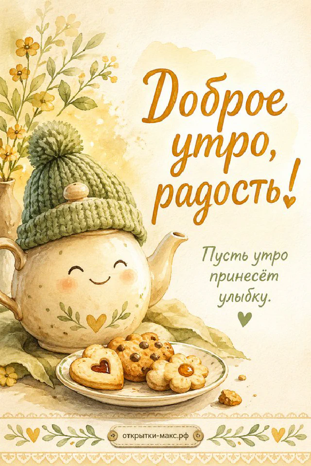 Тыква и чашка кофе на тёплом пледе, рядом ваза с осенними ветками, надпись «Доброе утро, радость!» — вариант 6