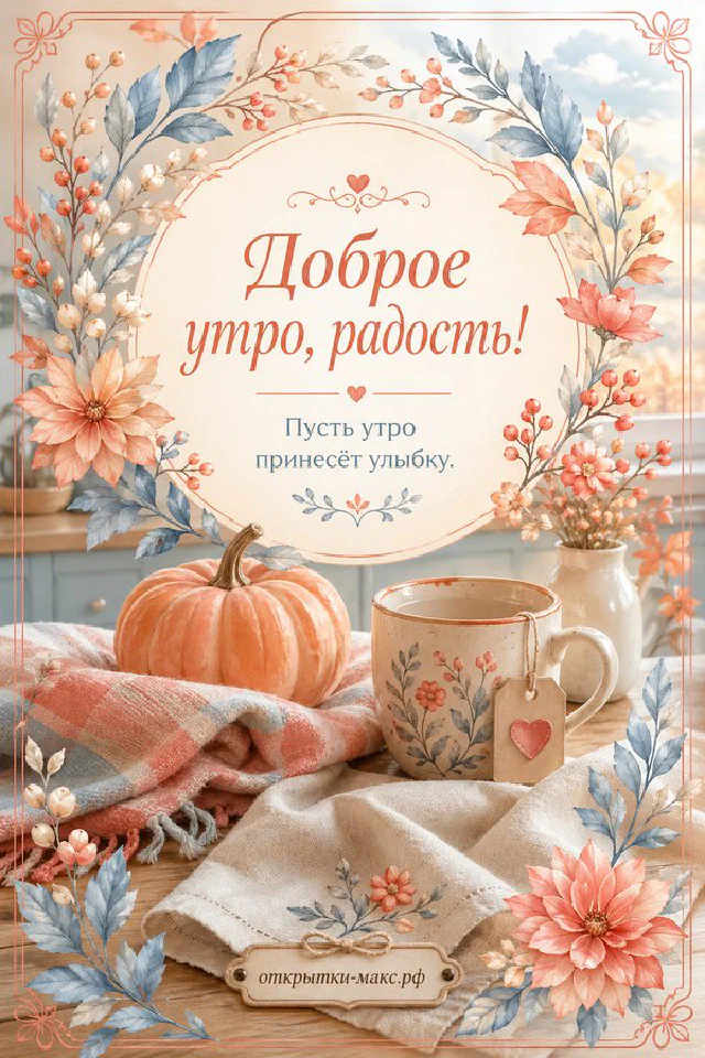 Тыква и чашка кофе на тёплом пледе, рядом ваза с осенними ветками, надпись «Доброе утро, радость!» — вариант 7