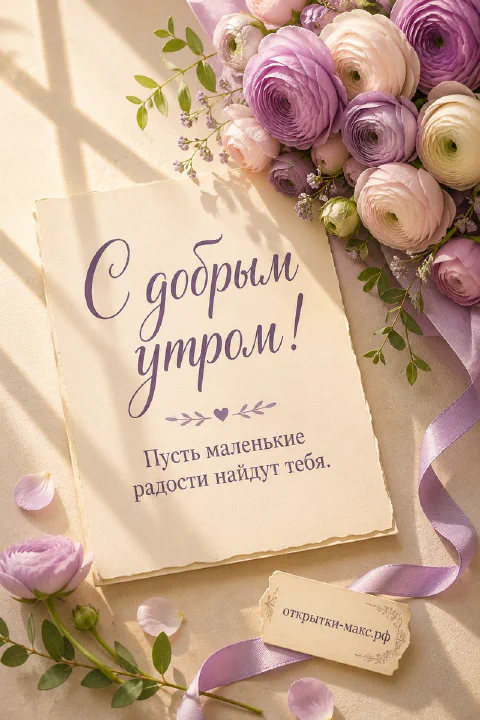 Открытка с букетом розовых и белых ранункулюсов, лиловой лентой и биркой на кремовом фоне