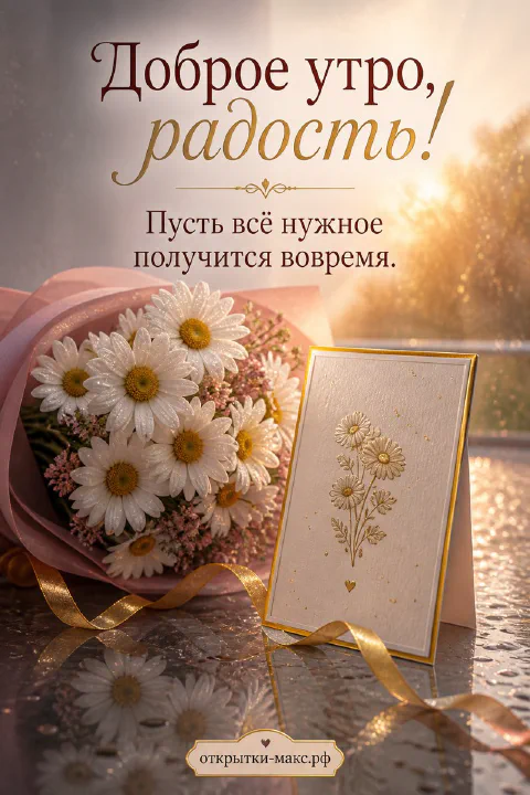 Букет белых ромашек с розовой лентой рядом с золотой карточкой с ромашками на блестящей поверхности