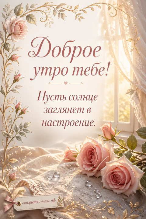 Розовые розы на столе у окна с тюлем в утреннем свете