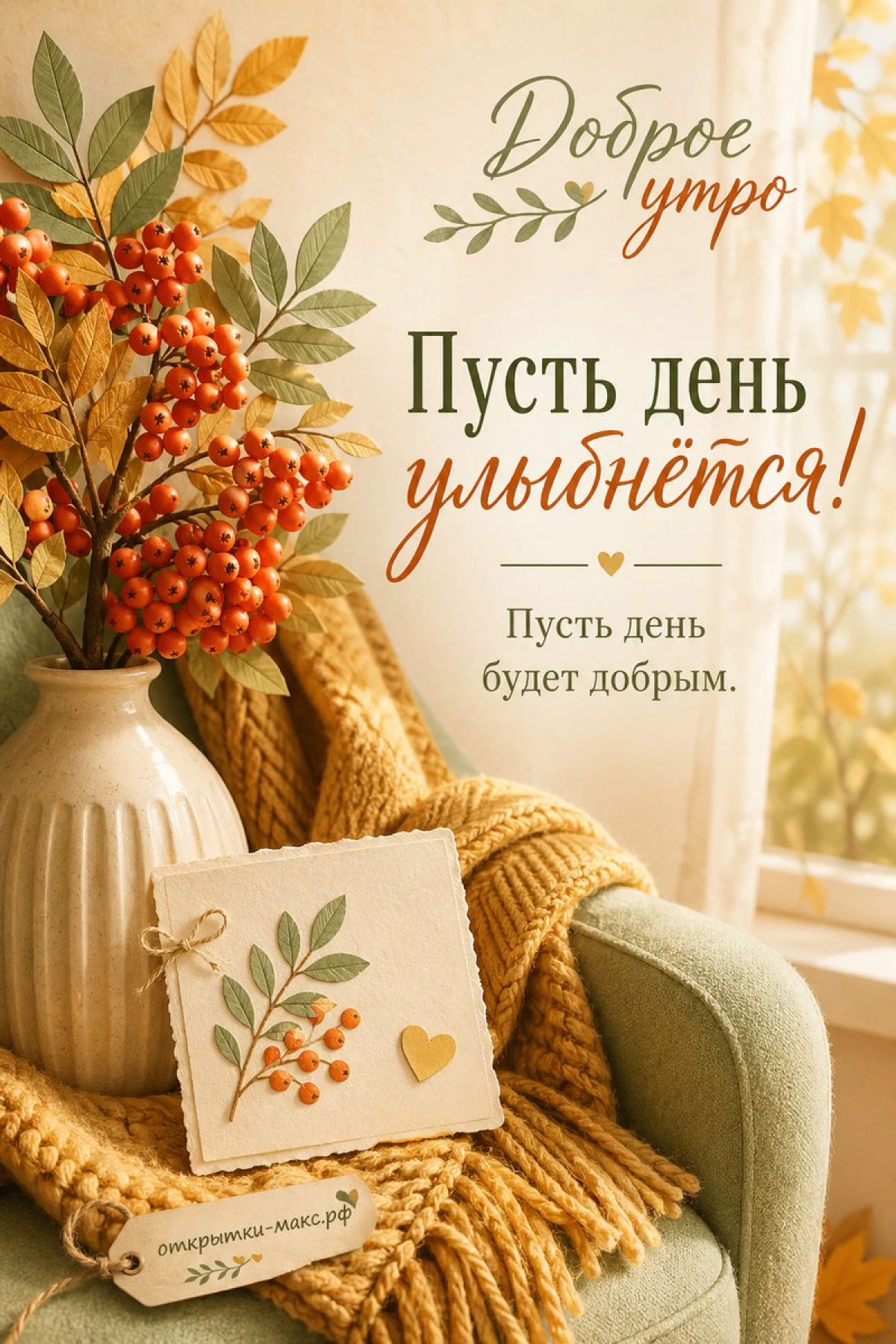 Ваза с ветками рябины и жёлтыми листьями, жёлтый плед и открытка на уютном кресле осенью