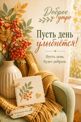 Ваза с ветками рябины и жёлтыми листьями, жёлтый плед и открытка на уютном кресле осенью