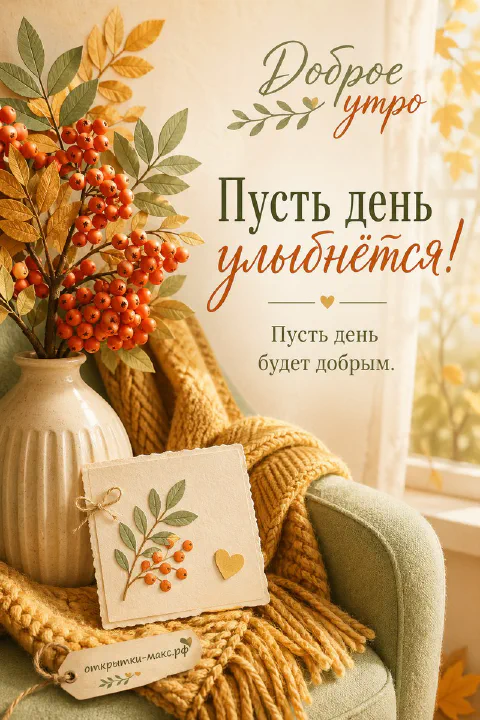 Ваза с ветками рябины и жёлтыми листьями, жёлтый плед и открытка на уютном кресле осенью