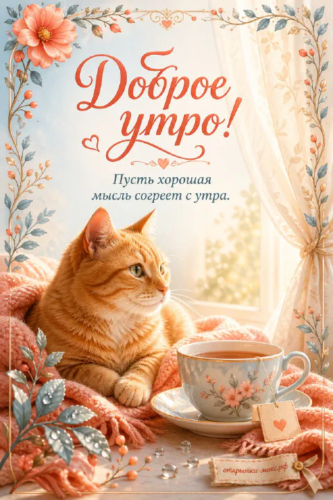 Открытка «Доброе утро» с рыжим котом, чашкой чая на цветочном блюдце и розовым пледом у окна